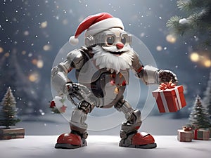 Robot santa claus holding a gift box in a snow christmas background. Festive illustrationto celebrate Christmas