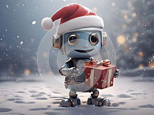 Robot santa claus holding a gift box in a snow christmas background. Festive illustrationto celebrate Christmas