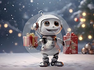 Robot santa claus holding a gift box in a snow christmas background. Festive illustrationto celebrate Christmas