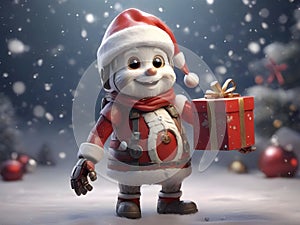 Robot santa claus holding a gift box in a snow christmas background. Festive illustrationto celebrate Christmas