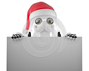 Robot Santa holding a blank sign. Isolated. Contains clipping path