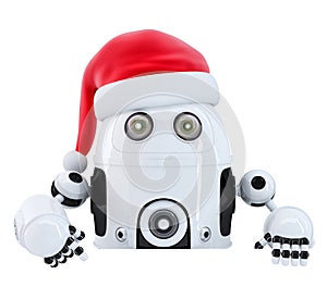 Robot Santa pointing in blank advertisement banner. Isolated. Cliping path