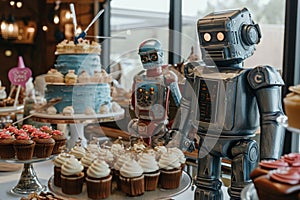 A robot is seen standing beside a table filled with a variety of delicious cupcakes, Robot-themed birthday party with