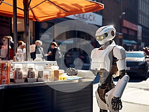 Robot sells or buys at street food booth. Robotic retail assistance. Street food stall in future. Replacing human labor with