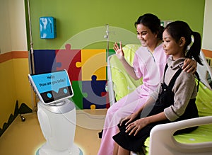 Robot service in medical talk with the patient at patient room i