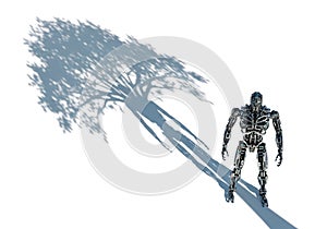A robot with the shadow of a tree on the ground. Space for text.