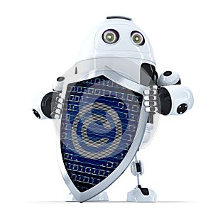 Robot with shield and copyright symbol on it. Isolated. Contains clipping path