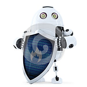 Robot with shield. Firewall protection concept. Isolated. Contains clipping path