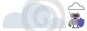 Robot with shield guarding digital cloud storage, representing cybersecurity and data protection
