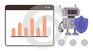 Robot with Shield Protecting Data Next to Web Analytics Chart for Cybersecurity Concept