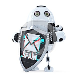 Robot with shield. Spam protection concept. Isolated. Contains clipping path