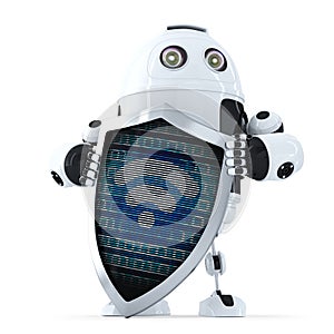 Robot with shield and wifi symbol on it. Internet security concept. Isolated. Contains clipping path