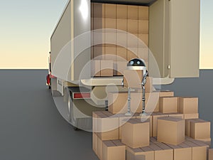 Robot with Shipping Boxes load in truck Render 3d