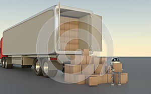 Robot with Shipping Boxes load in truck Render 3d