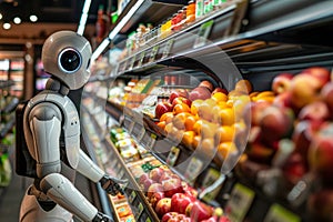 Robot Shopping for Groceries in Modern Supermarket. Generative ai. photo