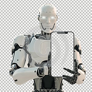 Robot showing a digital tablet isolated on transparent background