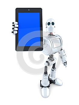 Robot showing touchscreen phone. Isolated. Contains clipping path