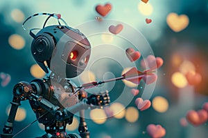 A robot is shown wielding a bow and arrow, shooting hearts into the air with precision and accuracy, A robot cupid shooting arrows