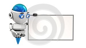 Robot shows on the empty board with white background. 3D Render.