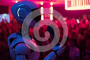 the robot singing in the club on blurred background. Artificial intelect in future life photo
