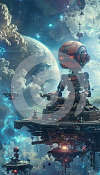 A robot sits on a floating platform in space meditating with a planet and stars in the background