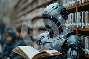 Robot Sits in Library. Reading Book, Surrounded by Shelves and Books