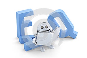 Robot sitting on 3D FAQ sign. Isolated over white background