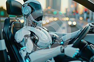 robot sitting as a driver in a modern car, blurred background. Artificial intelect in future life.