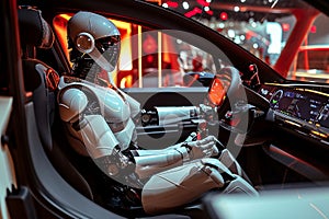 robot sitting as a driver in a modern car, blurred background. Artificial intelect in future life.