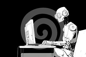 Robot sitting at a computer desk while working on a task in a dark environment