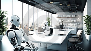 The robot sitting in a conference room