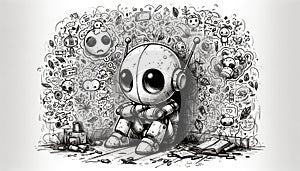 Robot Sitting in a Corner Surrounded by Doodles