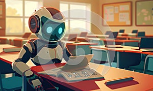 Robot sitting at the desk in the classroom with blackboard in the background. Education concept.