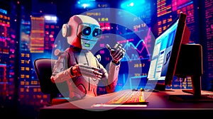 Robot sitting at desk in front of computer monitor and keyboard. Generative AI