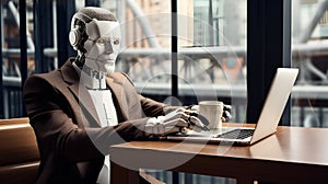 Robot sitting at the desk with a laptop, artifficial intelligence concept photo