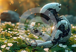 Robot sitting in the flowers and holding flower