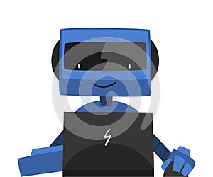 Robot Sitting in front of Computer, Friendly Android Working with Laptop, Artificial Intelligence Concept Vector