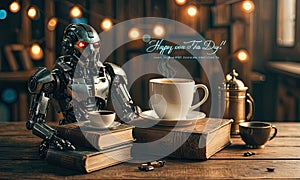 A robot is sitting in front of a table with a cup of coffee and a stack of books.