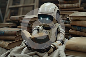 A robot sitting on a pile of books reading a book