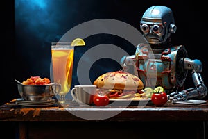 The robot is sitting at a set of beer and burger and other snacks on the table. Dark background, fast food