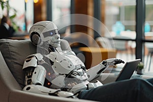 the robot sitting on the sofa on blurred background. Artificial intelect in future life