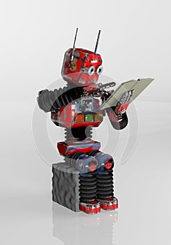 Robot is sitting on a stone and reading a book.3d.render