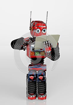 Robot is sitting on a stone and reading a book.3d.render