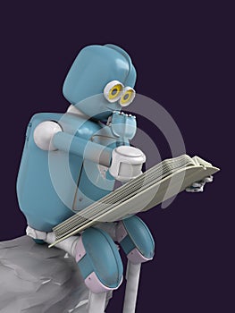 Robot is sitting on a stone and reading a book.3d.render