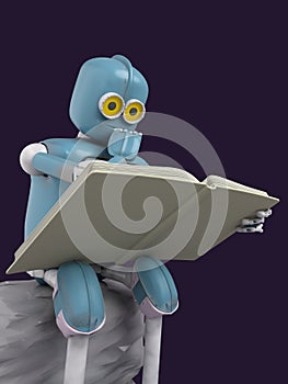 Robot is sitting on a stone and reading a book.3d.render