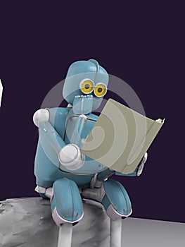 Robot is sitting on a stone and reading a book.3d.render