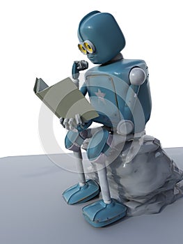 Robot is sitting on a stone and reading a book.3d.render