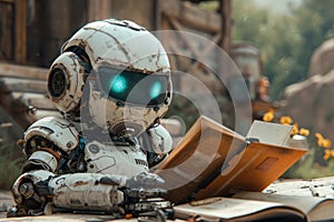 A robot sitting on a table and engrossed in reading a book.