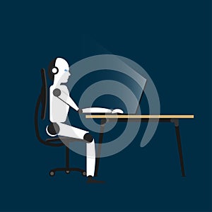 Robot sitting at the table. Hard work. Dedline. Innovation. Technonogy. Robot engineer. Internet technology. Flat design. EPS 10