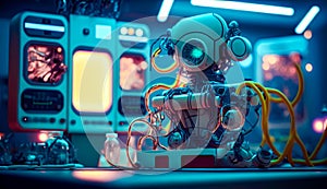 Robot sitting on top of table in front of computer monitor